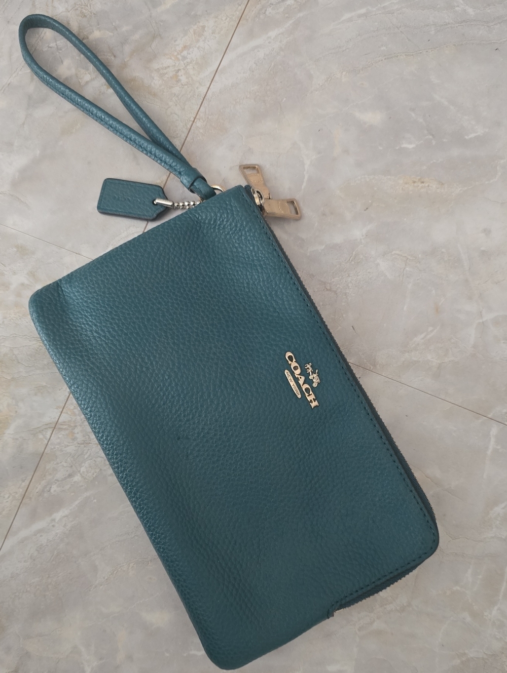 Coach Double Zip Pebble Leather Large Wristlet Wallet